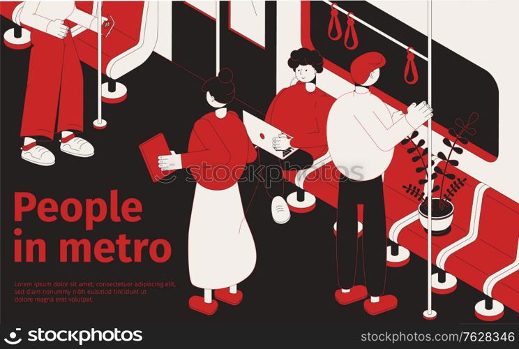 people in metro isometric poster with passengers standing and sitting in subway car vector illustration