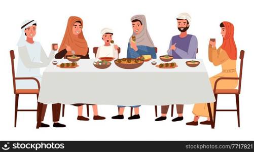 People in national costumes are eating kosher food outside. Arab family is sitting. Arab family sitting at festive table and celebrating the holiday. Muslim family gathering around dining table. People are eating kosher food outside. Muslim family gathering around dining table