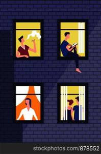 People in night windows in daily routine. Vector man or boy smoking and looking in window, woman or girl reading book and couple sitting on sill of house apartments. People in night windows in daily routine. Vector man or boy smoking and looking in window