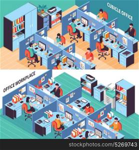 People In Office Cubicles Isometric Banners . Two open space isometric horizontal banners with people working in office cubicles vector illustration
