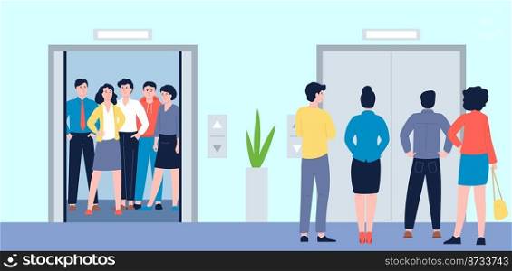 People in office elevator. Workers wait elevators, businessmen in hall of mall. Person at job, professionals group at morning and lift, recent vector panorama concept. Illustration of elevator office. People in office elevator. Workers wait elevators, businessmen in hall of mall. Person at job, professionals group at morning and lift, recent vector panorama concept