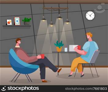 People in office talking during break. Friendly atmosphere in company of workers. Man and woman enjoying cups of coffee at lunch. Characters discussing company projects. Vector in flat style. Conversation of Office Workers by Cup of Coffee