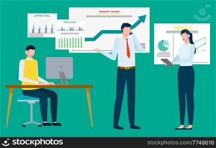 People in office vector, man and woman with laptop and information from projects. Boss talking to employee, charts and analytics, analysis of work. People Working in Office Man Woman with Infocharts