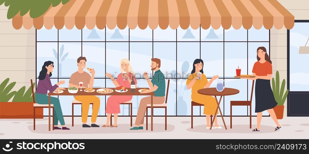 People in outdoor cafe. Man and woman sitting at tables on city street against building facades. Characters eating pizza, hot dog, fruit and drinking wine in restaurant. Friends resting vector. People in outdoor cafe. Man and woman sitting at tables on city street against building facades. Characters eating pizza
