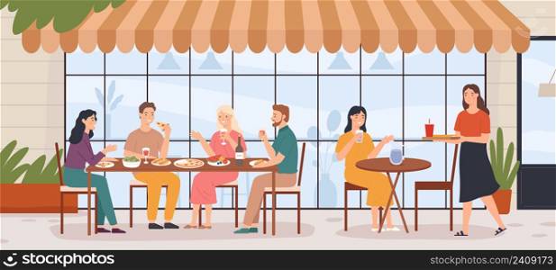 People in outdoor cafe. Man and woman sitting at tables on city street against building facades. Characters eating pizza, hot dog, fruit and drinking wine in restaurant. Friends resting vector. People in outdoor cafe. Man and woman sitting at tables on city street against building facades. Characters eating pizza
