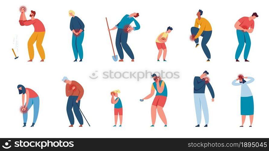 People in pain, characters suffering from various body aches. Men and women with muscle or joint ache caused by injuries or illnesses vector set. Back, shoulder, chest and leg trauma. People in pain, characters suffering from various body aches. Men and women with muscle or joint ache caused by injuries or illnesses vector set