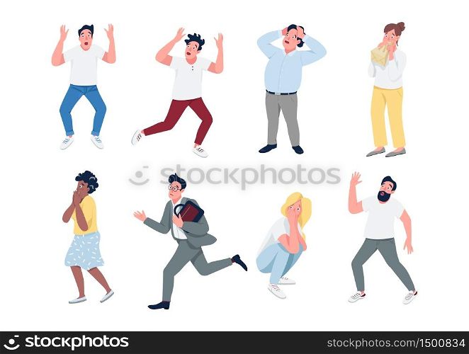 People in panic flat color vector detailed characters set. Men and women with panic attack isolated cartoon illustrations on white background. Mass hysteria, stressful situation. Social anxiety, fear. People in panic flat color vector detailed characters set