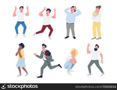 People in panic flat color vector detailed characters set. Men and women with panic attack isolated cartoon illustrations on white background. Mass hysteria, stressful situation. Social anxiety, fear. People in panic flat color vector detailed characters set
