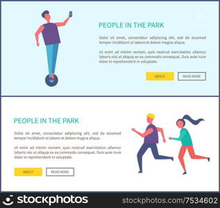 People in park boy riding on, man and woman running together vector. Couple jogging, active way of life and sport activities, poster text sample. People in Park Boy Riding on Segway Couple Running