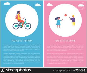 People in park cartoon vector posters with text. Girl riding bike, children boy and girl playing volleyball with ball. Spending free time concept. People in Park Girl Riding Bike, Boy Play Ball