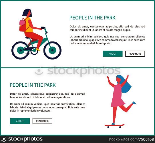 People in park, girl riding bike and woman skateboarding cartoon style web posters. Teenager in casual clothes and backpack cycling in park or city road. People in Park Girl Ride Bike Woman Skateboarding