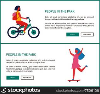 People in park, girl riding bike and woman skateboarding cartoon style web posters. Teenager in casual clothes and backpack cycling in park or city road. People in Park Girl Ride Bike Woman Skateboarding