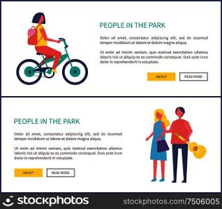 People in park girl riding bike, couple walking with guitar vector web pages. Teenager in casual clothes and with backpack cycling, healthy lifestyle theme. People in Park Girl Riding Bike, Couple Walking