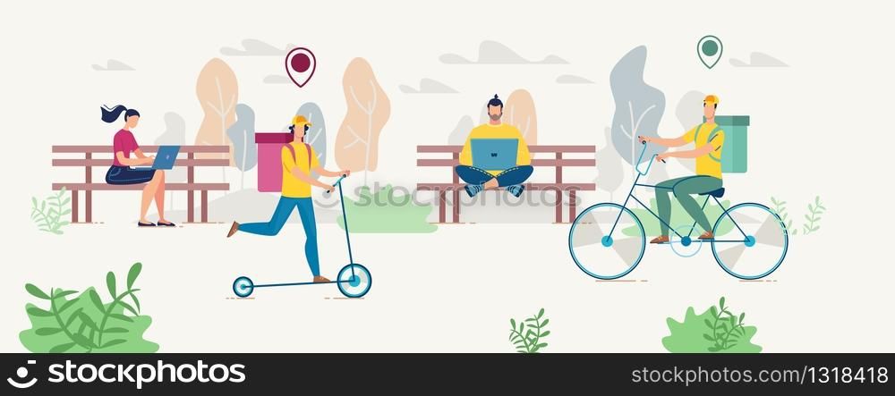 People in Park Ordering Fast Food Snack Delivery Online Use Digital Device Services. Deliverymen Riding Ecological Transport as Electric Scooter and Bicycle. Eco Friendly Meal Transportation Anywhere. People in Park Ordering Food Snack Delivery Online