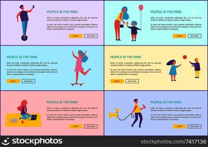 People in park outdoor activities poster man riding, woman skateboarding, freelancer on rug outdoors. Mother and kids playing, boy walking pet. People in Park Outdoor Activity Vector Web Poster