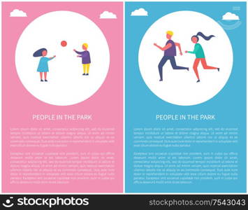 People in park poster two children playing ball, couple man and woman jogging. Boy and girl spend time outdoors, vector sport activities, banner circle. People Park Poster Two Kids Play Ball, Couple Run