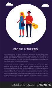 People in park poster young couple walking together vector text and circle. Man with guitar in arm and woman with bag holding hands, romantic atmosphere. People in Park Poster Young Couple Walks Together