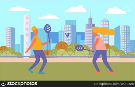 People in park relaxing at weekends, man and woman with rockets hobby of couple. Cityscape and active lifestyle of pair, skyline with skyscrapers. Vector illustration in flat cartoon style. People Playing Tennis in City Park, Cityscape