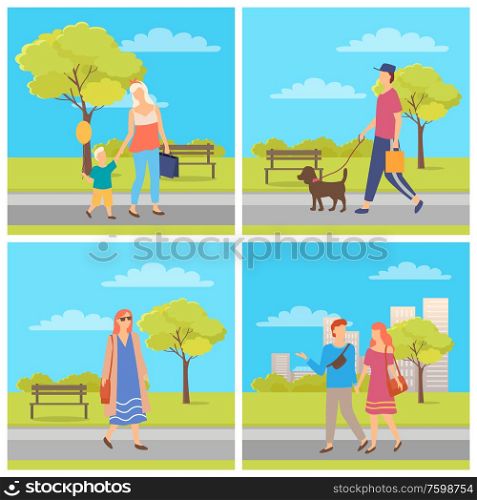 People in park set, mom and son, man with dog, couple dating and woman going outdoor, person character in casual clothes, leisure or weekend vector. Man and Woman Walking Outdoor, Weekend Vector
