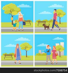 People in park set, mom and son, man with dog, couple dating and woman going outdoor, person character in casual clothes, leisure or weekend vector. Man and Woman Walking Outdoor, Weekend Vector
