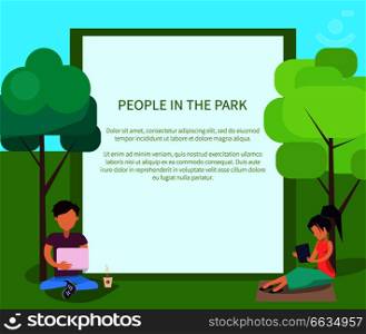 People in park using modern computer technologies web banner with place for text. Man and woman with gadgets sitting in wi-fi zone. People in Park Using Modern Computer Technologies