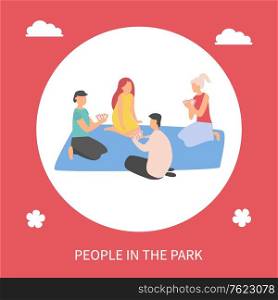 People in park vector, friends relaxing in forest playing cards, people sitting on mat, clouds and flower, banner with text and circle frame, man and woman. Flat cartoon. People in Park Man and Woman Playing Cards Vector