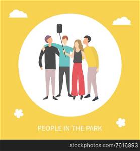 People in park vector, man and woman taking photo on smartphone with help of selfie stick and camera, banner with clouds and friends youth flat style. People in Park Taking Selfie Man and Woman Friends