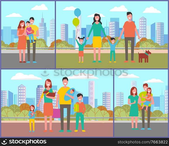 People in park walking and relaxing vector, family consisting of father mother kids and pet strolling in park. Male with kiddo on hands, canine dog. Family Having Fun Day in Park, Autumn Season Set