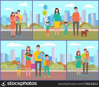 People in park walking and relaxing vector, family consisting of father mother kids and pet strolling in park. Male with kiddo on hands, canine dog. Family Having Fun Day in Park, Autumn Season Set