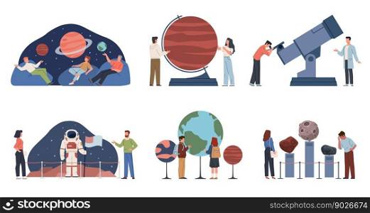 People in planetarium. Visitors at space museum, adults and kids study astronomy, planets layouts, starry sky projection, telescope and astronaut suit, nowaday vector cartoon flat style isolated set. People in planetarium. Visitors at space museum, adults and kids study astronomy, planets layouts, starry sky projection, telescope and astronaut suit, nowaday vector cartoon flat set