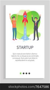 People in process of startup vector, organization employees in field of creating business project, successful businessmen launch innovative rocket. Website or app slider, landing page flat style. People in Development of Startup Business Creation