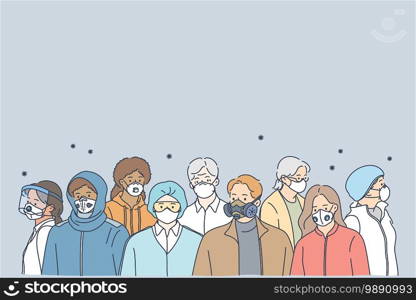 People in protective medical masks, new normal social reality concept. Diverse men and women wearing protection masks from coronavirus COVID-19 virus and urban air pollution standing in crowd . People in protective medical masks, new normal social reality concept