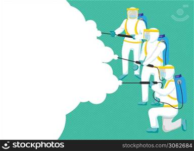 People in Protective Suit fight Against Covid-19. Cleaning and Disinfect Virus. Concept against coronavirus. Illustration on green background. With space for your text