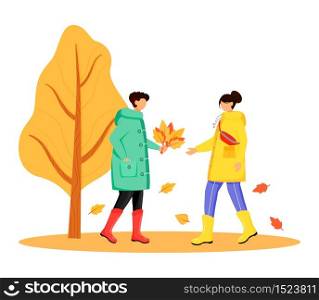 People in raincoats flat color vector faceless character. Walking caucasian couple in gumboots. Autumn nature. Rainy day. Male with lives in hand isolated cartoon illustration on white background