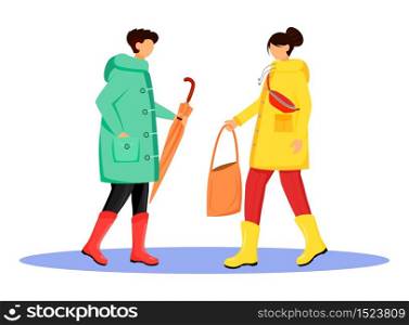 People in raincoats flat color vector faceless character. Walking caucasian humans in gumboots. Rainy day. Guy with umbrella and girl with handbag isolated cartoon illustration on white background