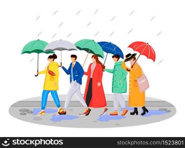 People in raincoats flat color vector faceless characters. Walking caucasian humans with umbrellas. Rainy day. Men and women on road isolated cartoon illustration on white background