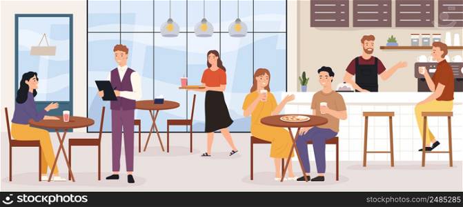 People in restauran have dinner, date or meeting. Vector restaurant cartoon together, characters young friendship illustration. People in restauran have dinner, date or meeting