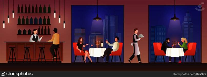 People in restaurant. Families having lunch in food court, men women meeting eating meal drink, dinner cafe buffet flat vector concept with elegant sitting couple. People in restaurant. Families having lunch in food court, men women meeting eating meal drink, dinner cafe buffet flat vector concept