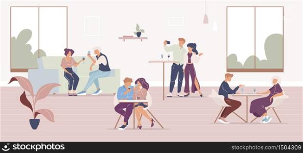 People in restaurant flat color vector illustration. Wine drinking party. Love couples and friends drinking alcoholic beverages 2D cartoon characters with cafe interior on background. People in restaurant flat color vector illustration