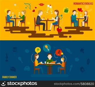 People in restaurant horizontal banner set with romantic evening and family dinner elements isolated vector illustration. People In Restaurant Banner