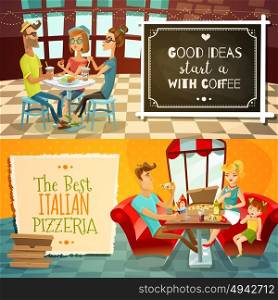 People In Restaurant Horizontal Banners. People in restaurant two horizontal banners with cafe visitors drinking coffee and family with kid in interior of pizzeria flat vector illustration