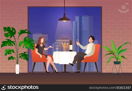 People in restaurant. Loving couple man and woman sit at table drink vine talking, celebrate valentine holiday in evening cafe interior, romantic relationships flat vector cartoon illustration. People in restaurant. Loving couple man and woman sit at table drink vine talking, celebrate holiday in evening cafe interior, romantic relationships vector cartoon illustration