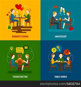 People in restaurant occasions design concept set with romantic evening anniversary friends meeting family dinner flat icons isolated vector illustration. People In Restaurant Set