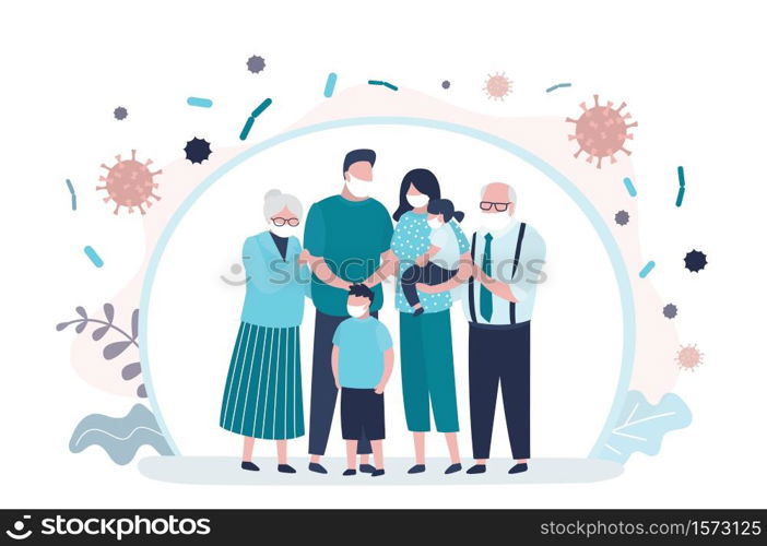 People in safety masks stop the spread of viruses. Family portrait. Happy parents with children. Grandparents, Mother,father and two kids. Cute huge family. Bad ecology and air. Vector illustration