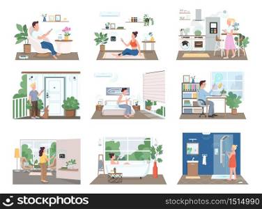 People in smart homes flat color vector faceless characters set. Men and women control domestic appliances with smartphones. Internet of things isolated cartoon illustrations on white background