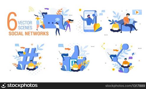 People in Social Network Trendy Flat Vector Isolated Concepts Set. Female, Male Internet Users Characters Using Laptop and Mobile Phones to Work, Communicate, Chatting in Social Network Illustration