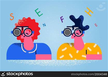 People in special optic glasses check sight at optician cabinet. Man and woman have examination in oculist or ophthalmologist office. Eyesight problem. Laser correction concept. Vector illustration. . People in glasses check sight in optician cabinet