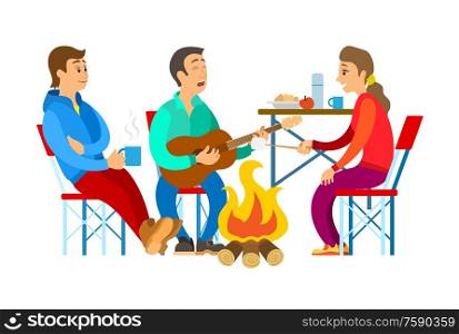 People in sport suit near bonfire singing song with guitar, man and woman sitting on chairs, person holding branch near fire, tourists and picnic vector. Man and Woman near Bonfire, Tourists Flat Vector
