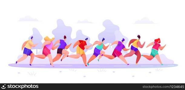 People in sportswear shorts and t-shirt are running marathon along road on an abstract forest background. Vector illustration