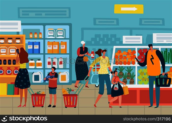 People in store. Customer choose food supermarket family cart shopping product assortment grocery store interior retail vector concept. People in store. Customer choose food supermarket family cart shopping product assortment grocery store interior concept